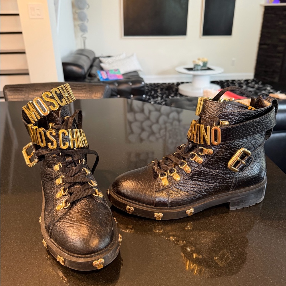 Moschino Women’s Black Boots with Gold Details
